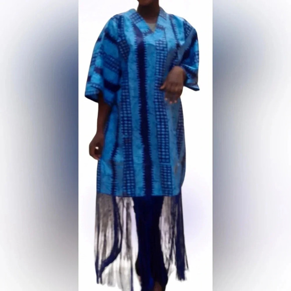 ZIXLUXE Fashion Loose Fit half Fringe Adire Kaftan | Coverup | maxi V neck dress - Picture 1 of 12